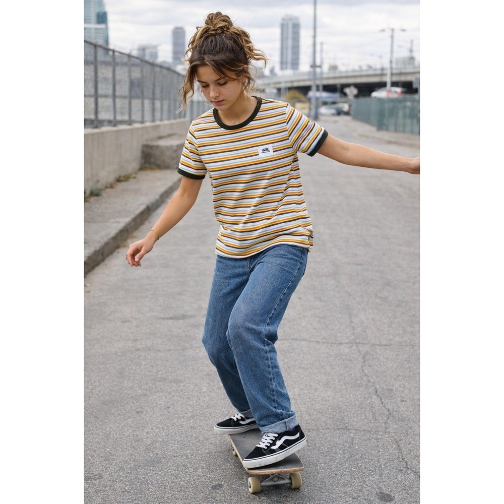 Vans Off The Wall Womens Multicolor Stripe Ringer Tee Olive Green Trim Logo XL